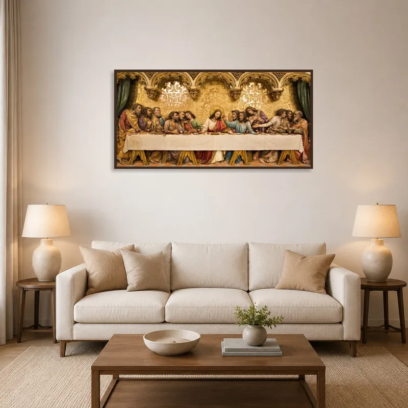The classic religious masterpiece adorns a living-room with warm lighting and plush furniture.
