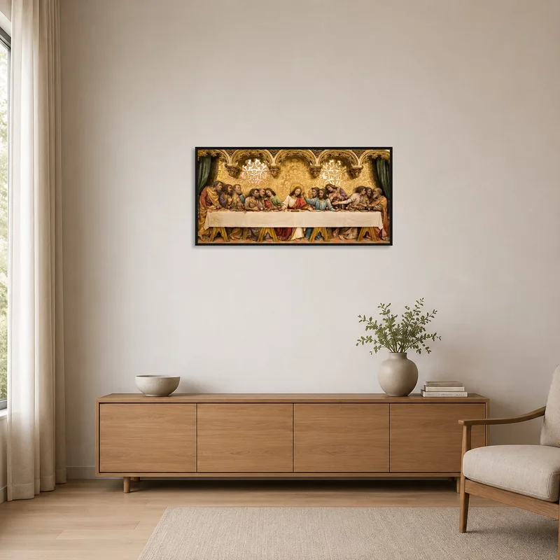 This ornate religious masterpiece adds elegance to a minimalist space with clean lines and neutral tones.
