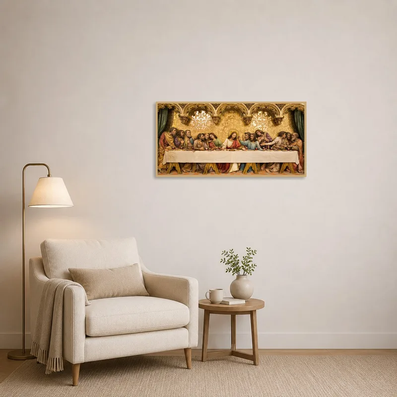 A calming reading-corner enriched by the classic religious masterpiece, creating a serene nook.