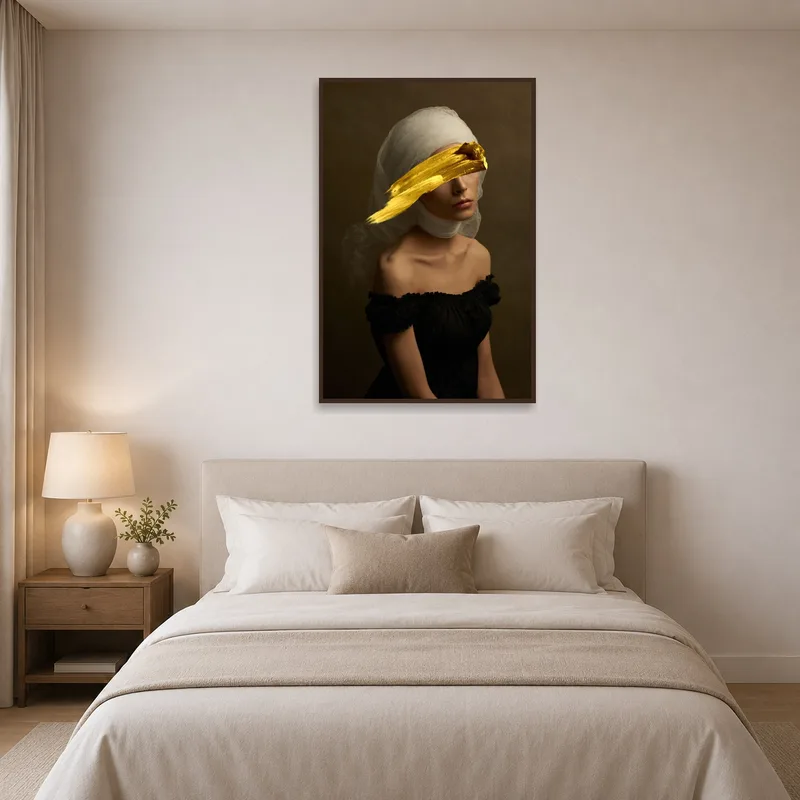 Sophisticated portrait featuring gold in a calm bedroom setting.