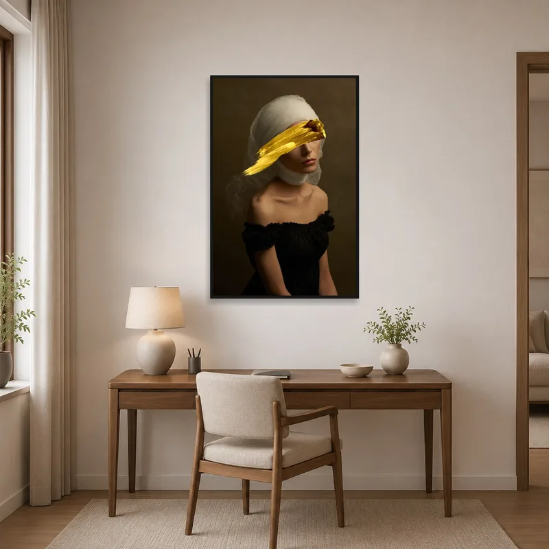 Classical portrait with gold accents in a neat home office.