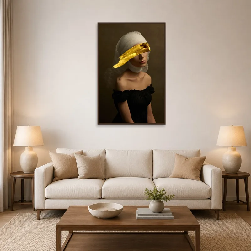 Classical portrait with gold accents in a stylish living room setting.