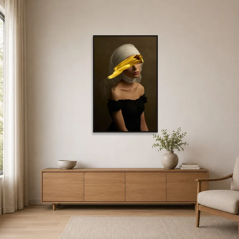 Elegant portrait with subtle gold touches in a minimalist room.