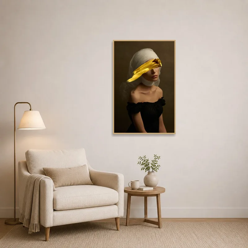 Portrait art with gold details in a cozy reading corner.