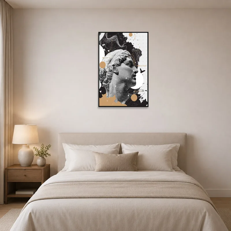 Classical and abstract collage adds sophistication to the bedroom wall above the bed.