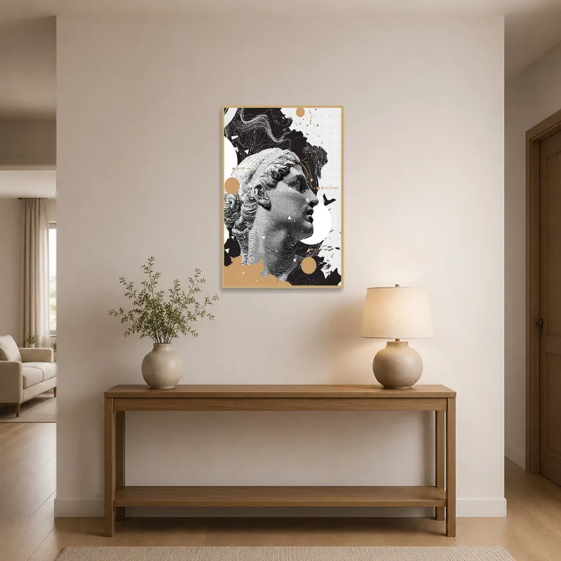 Collage artwork welcoming guests in an entrance hall with a console table.