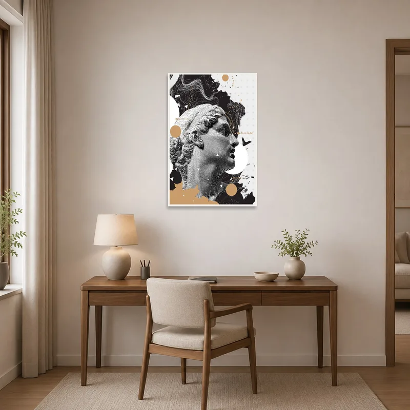 Classical and abstract design collage enhances the ambiance of a stylish home office.