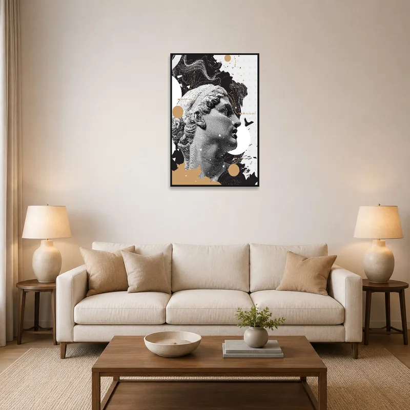 Classical and abstract collage on the living room wall with elegant sofas and a coffee table.