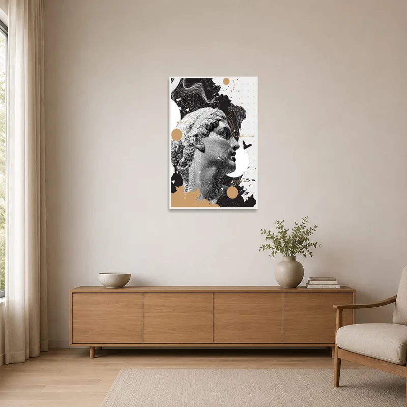 Collage of classical sculptures and abstract design adding character to the minimalist space.
