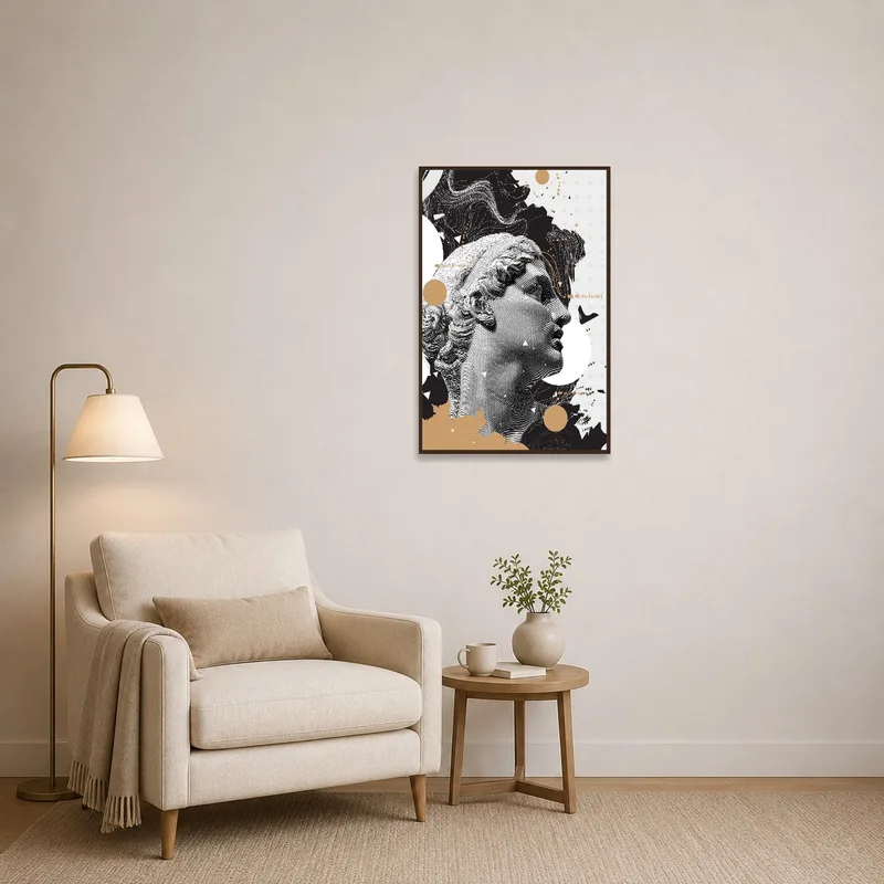 Artwork featuring classical and abstract elements brightens the cozy reading corner.