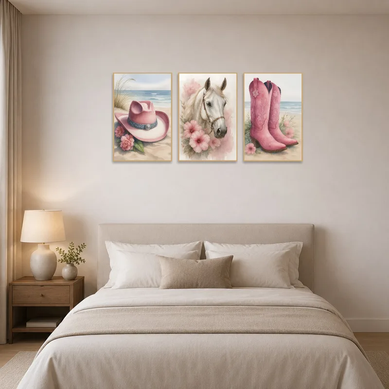 Bedroom adorned with triptych of cowboy hat, horse, and boots.