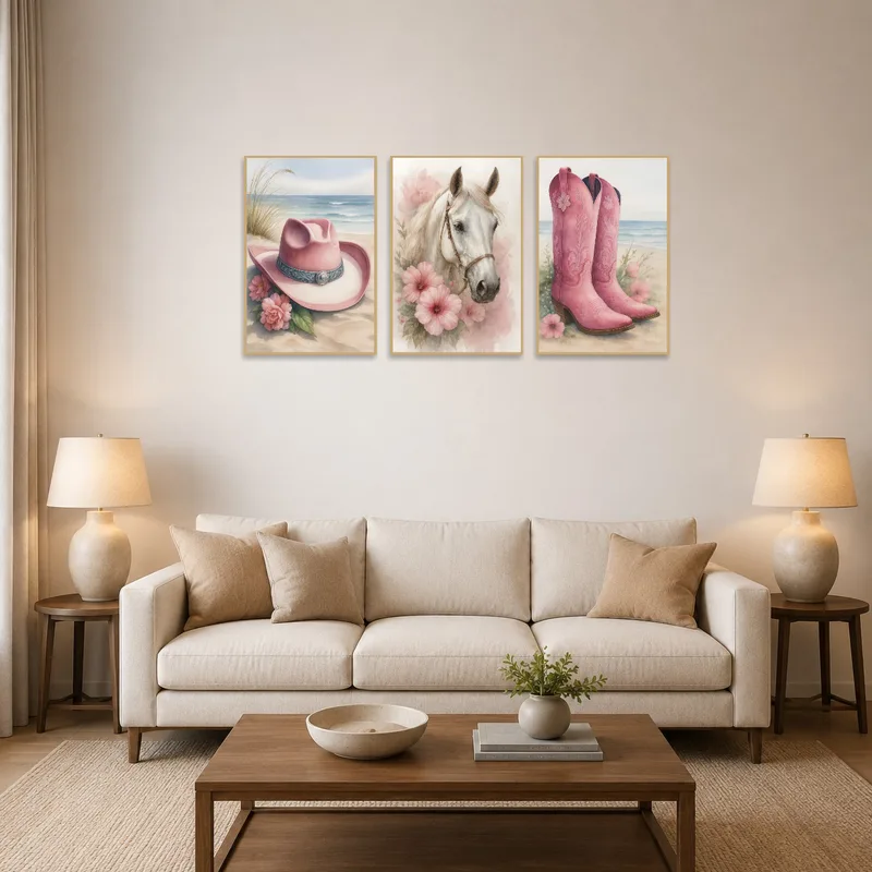 Triptych of cowboy hat, horse, and boots in a cozy living room setting.
