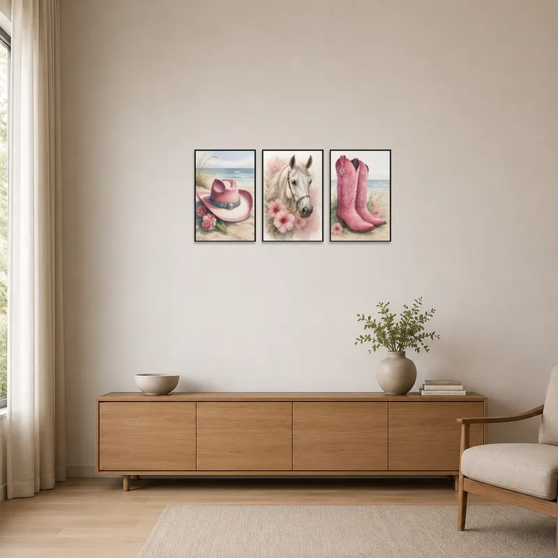 Minimalist room with triptych of cowboy hat, horse, and boots.