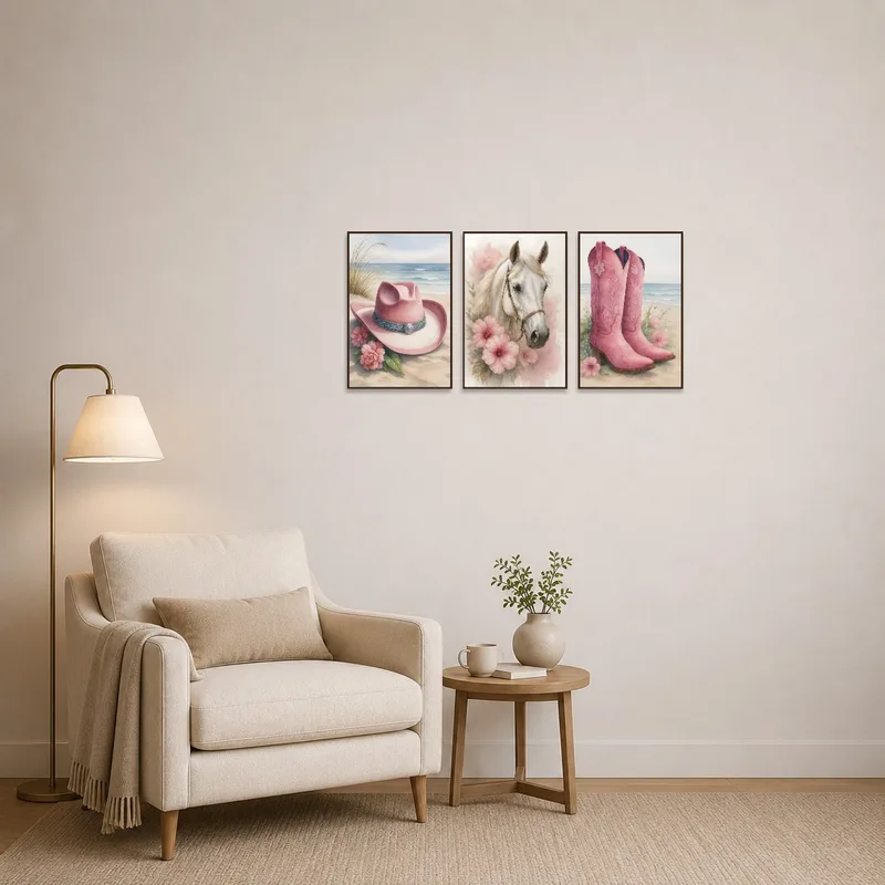 Reading corner displaying triptych of cowboy hat, horse, and boots.