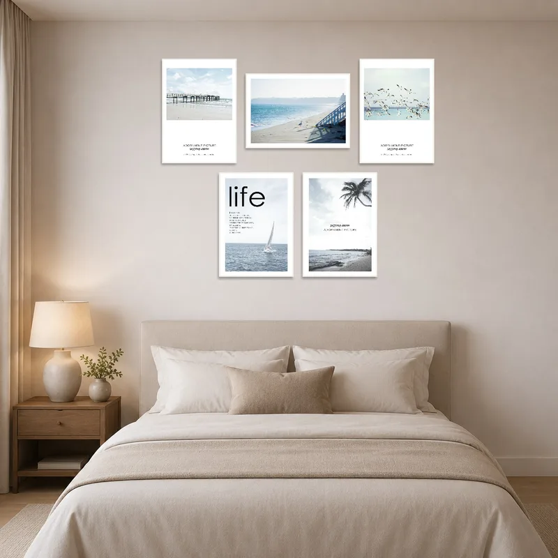 Beach and ocean art enhancing a peaceful bedroom atmosphere.