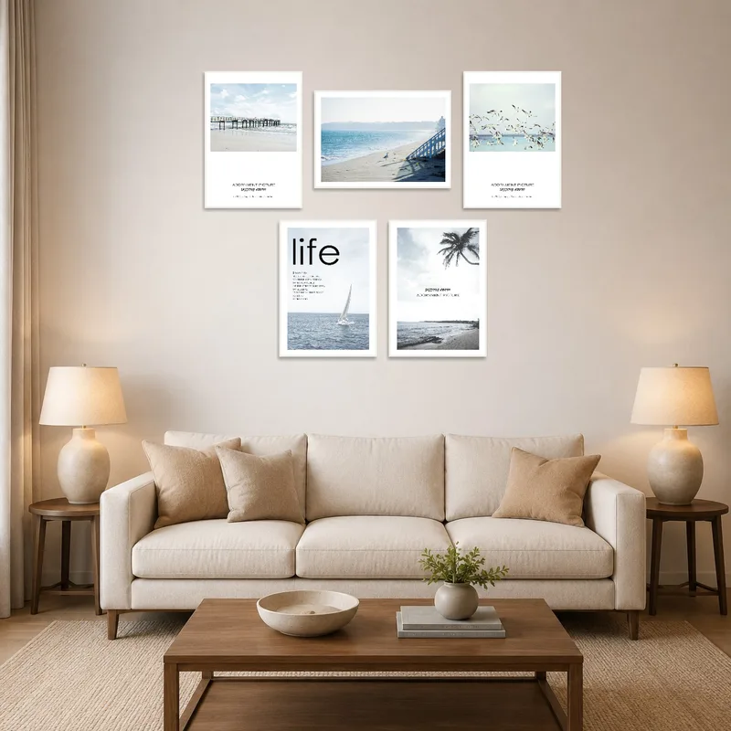 A beach and ocean art piece in a cozy living room setting.