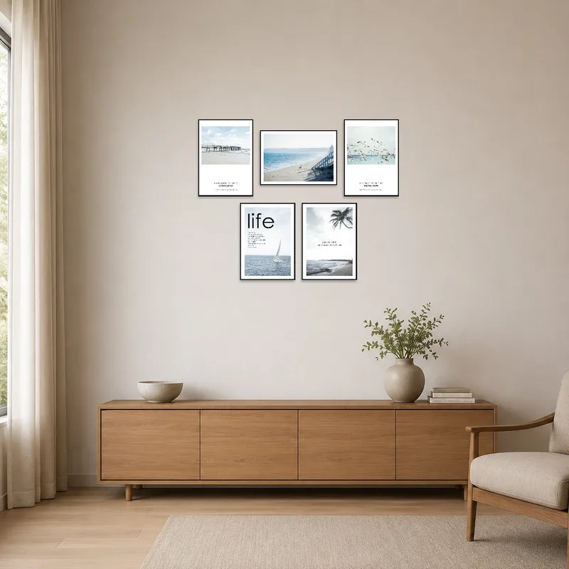 Minimalist room with a serene beach and ocean artwork.