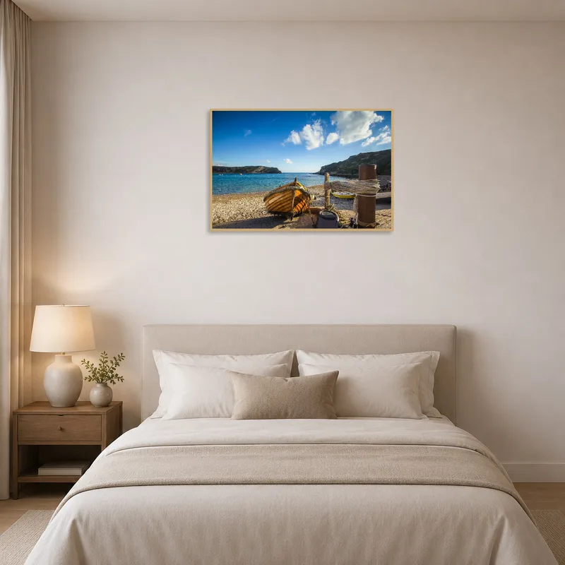 A tranquil bedroom scene featuring a boat on a rocky shore.