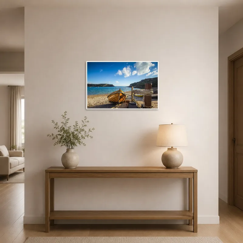 A boat on a rocky shore welcomes guests in the entrance hall.