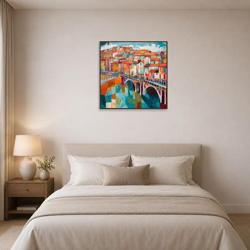 A colorful cityscape with a bridge brings life to a serene bedroom.
