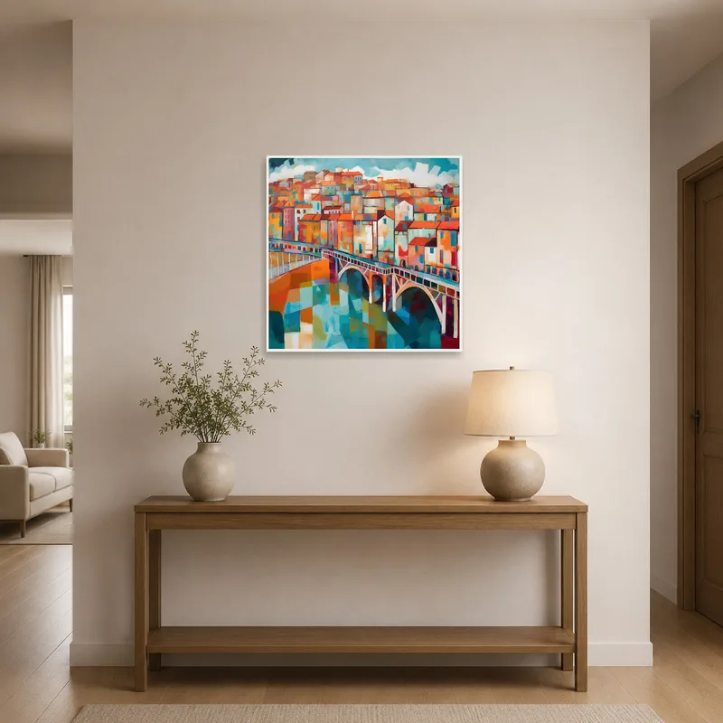 The colorful abstract cityscape welcomes guests in a chic entrance hall.
