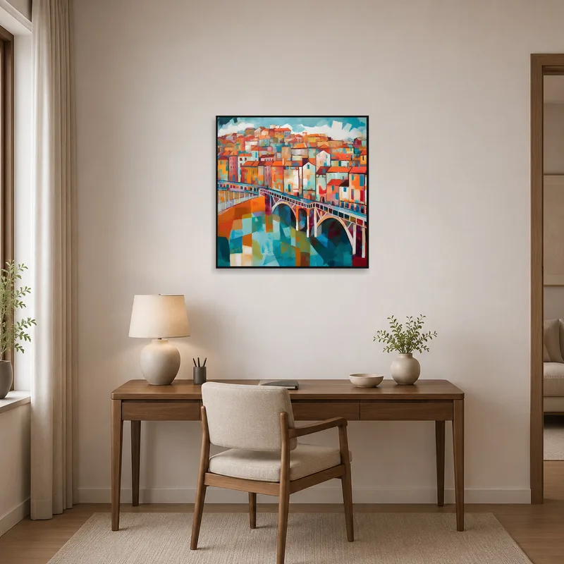 An energizing cityscape adds color to an organized home office space.