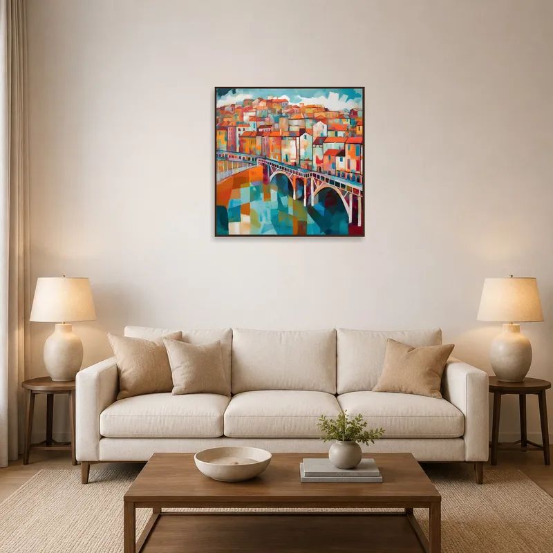 A vibrant abstract cityscape with bridge brightens a modern living room setting.