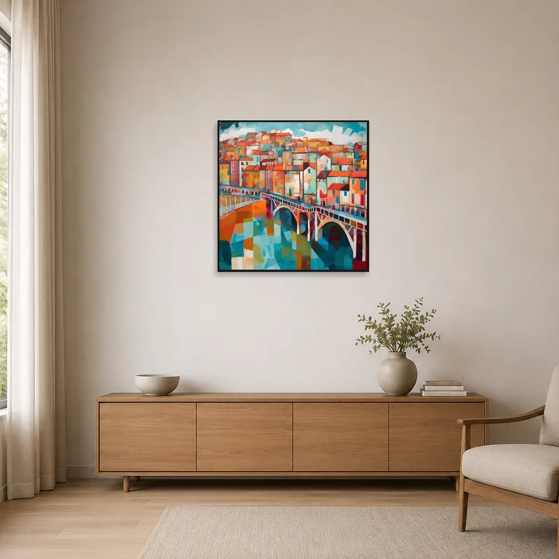 A bold cityscape contrasts against clean lines in a minimalist interior.