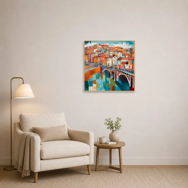 A lively abstract cityscape adorns the wall of a cozy reading corner.