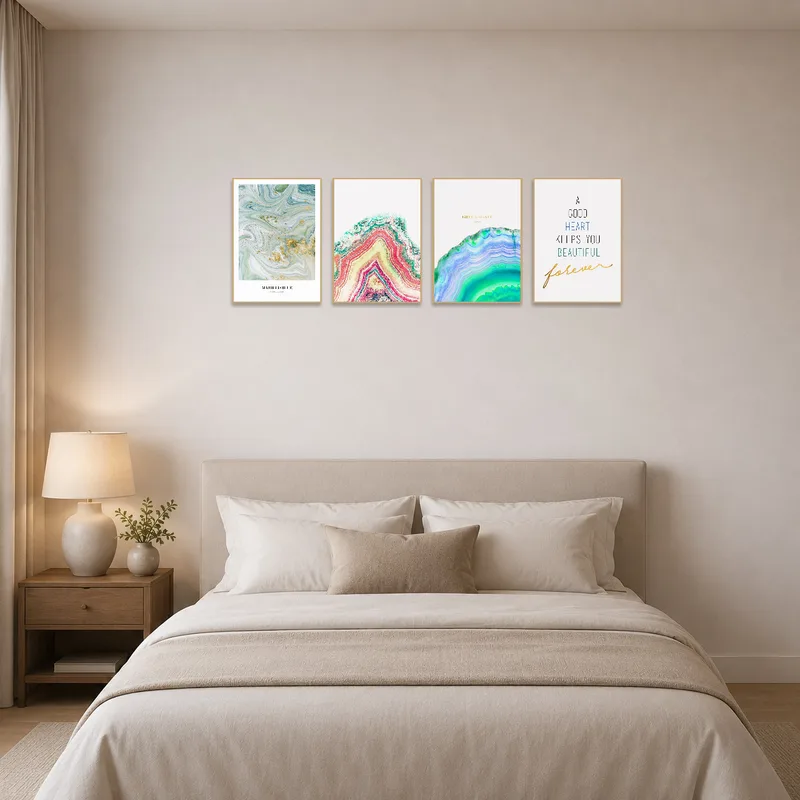 Colorful geode and quote set adding life to a bedroom wall.