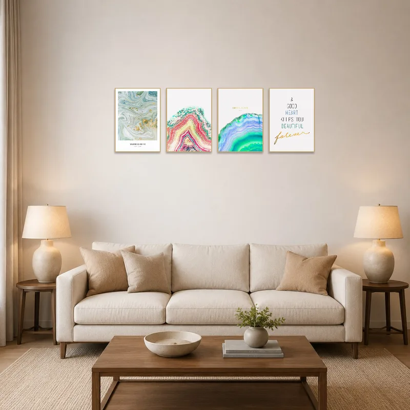Vibrant abstract geode art and quote set in a cozy living room.