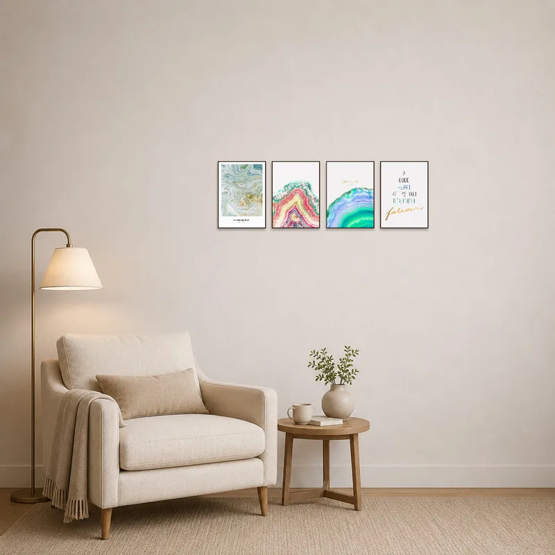Bright geode art and uplifting quote next to a reading chair.