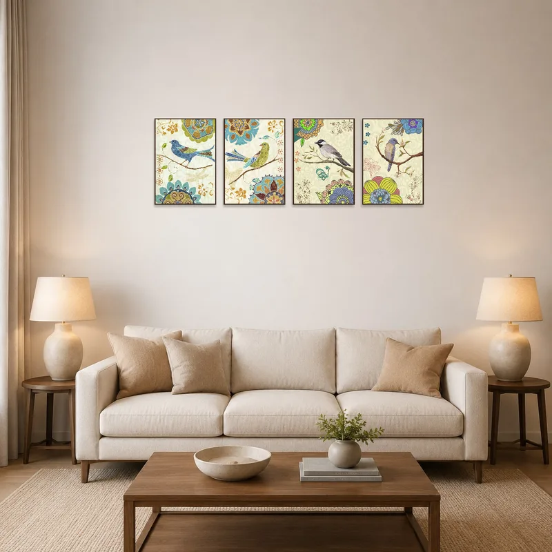 A vibrant bird and flower art set adds color to the living room wall.