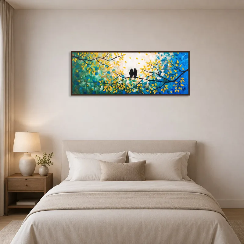 Bedroom wall features a vibrant art print of birds for a lively touch.