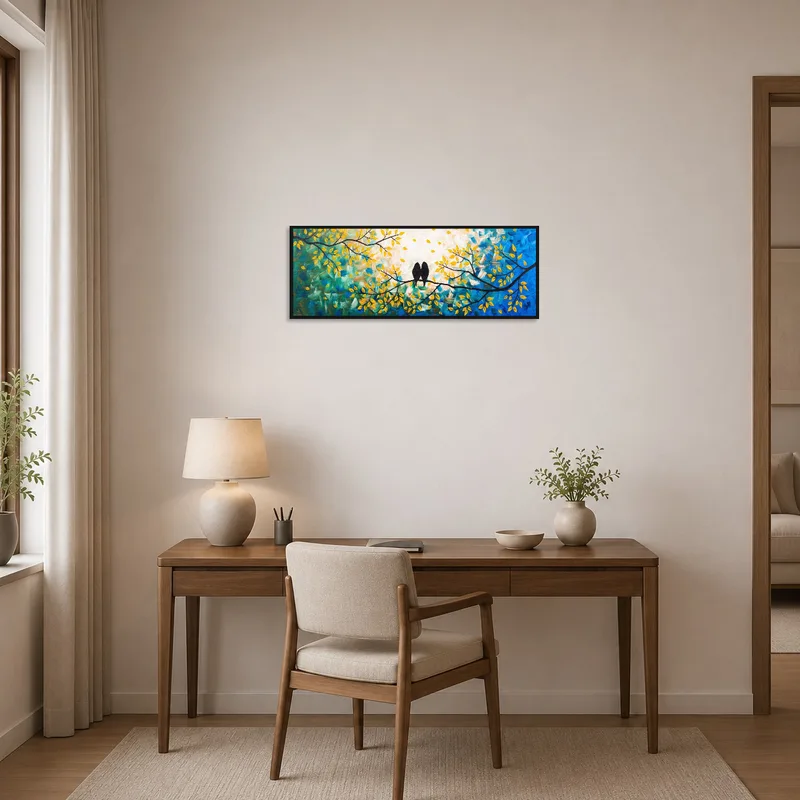 Home office wall uplifted by colorful bird art print behind the desk.
