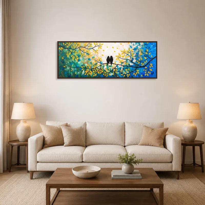 Panoramic art print of colorful birds adorns the living room wall.