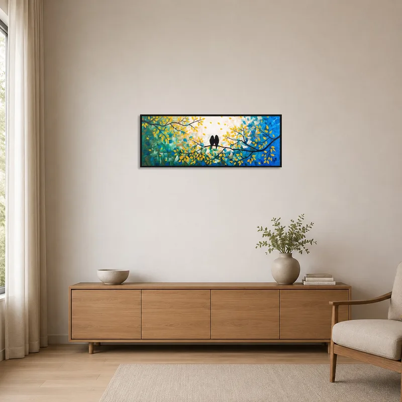 Minimalist room enhanced by a vibrant bird print on a white wall.