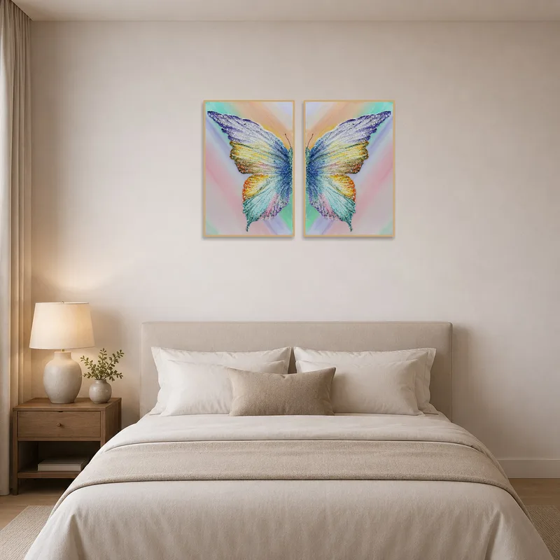 Colorful butterfly set infuses life into a bedroom wall.