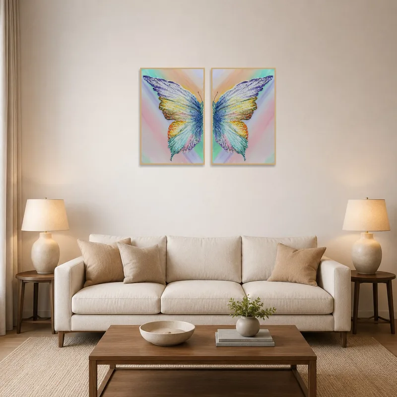 Colorful butterfly canvas set brightens up a living room wall.