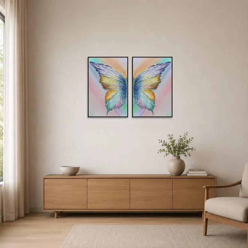 Vivid butterfly canvases add color to a minimalist space.