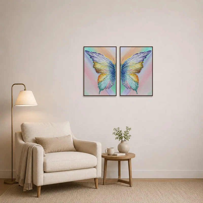 Butterfly canvases bring charm to a cozy reading corner.