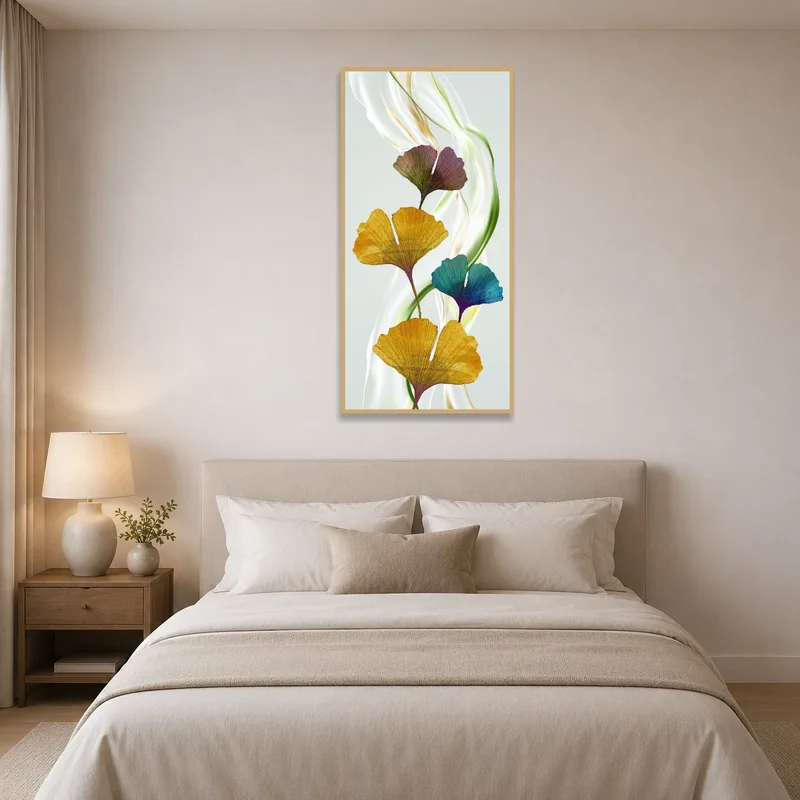 Bedroom featuring luminous ginkgo leaves art, creating a tranquil ambiance.