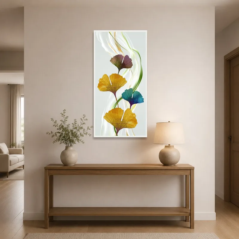Entrance hall enhanced by vibrant ginkgo leaves art, welcoming and lively.