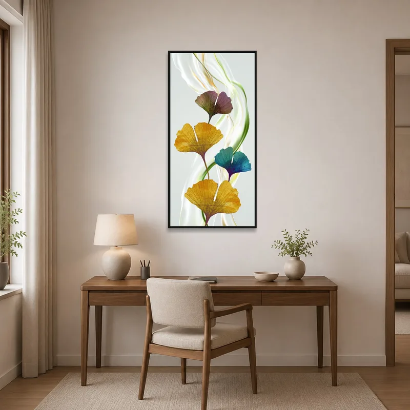 Home office energized with vivid ginkgo leaves art, inspiring creativity.