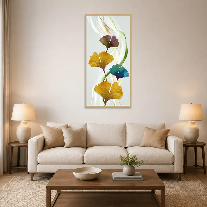 Bright ginkgo leaf art adds a vibrant touch above a cozy living room sofa.