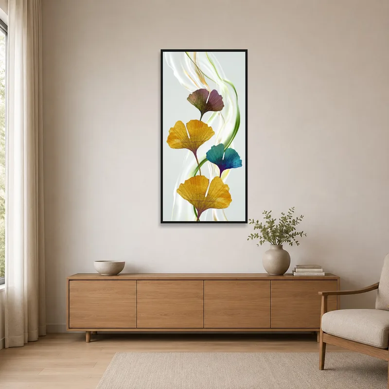 Minimalist room with colorful ginkgo leaves as a focal point on a plain wall.