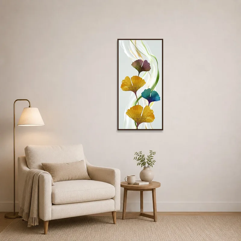 Reading corner brightened by ginkgo leaves art, adding a splash of color.