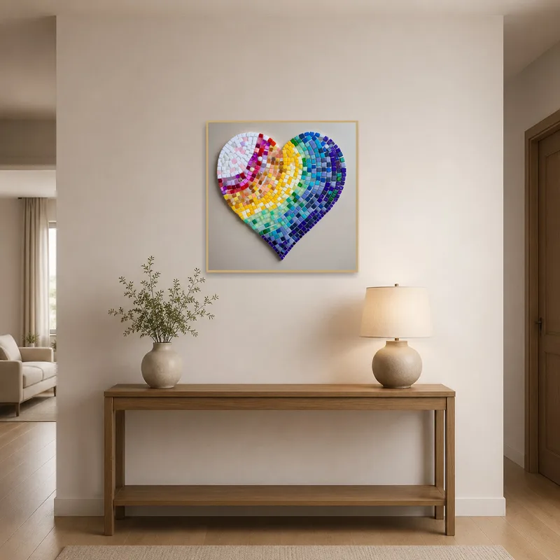 Entrance hall adorned with a colorful heart mosaic art print.
