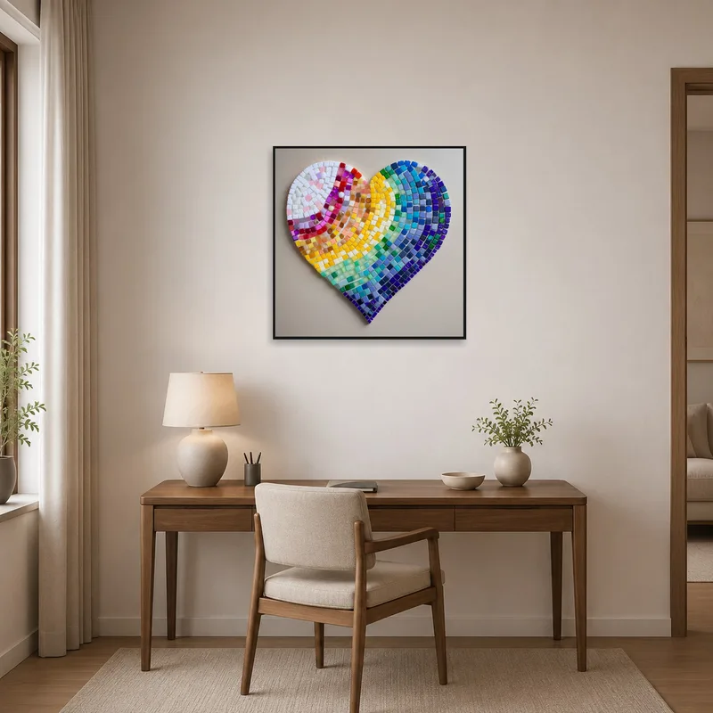 Home office with a colorful heart mosaic art print for inspiration.