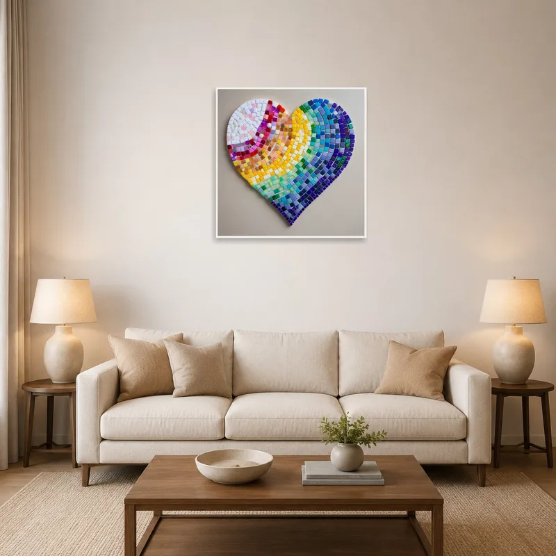 Colorful heart mosaic art print hanging in a cozy living room.